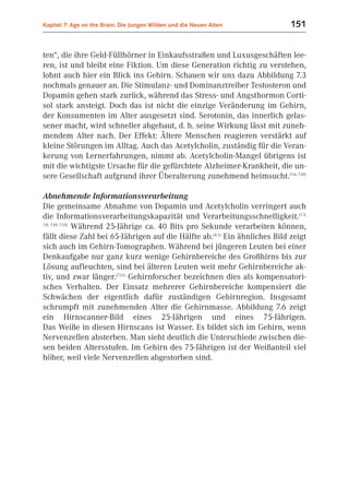 Kapitel 7: Age on the Brain: Die Jungen Wilden und die Neuen Alten          151


ten“, die ihre Geld-Füllhörner in Einkaufsstraßen und Luxusgeschäften lee-
ren, ist und bleibt eine Fiktion. Um diese Generation richtig zu verstehen,
lohnt auch hier ein Blick ins Gehirn. Schauen wir uns dazu Abbildung 7.3
nochmals genauer an. Die Stimulanz- und Dominanztreiber Testosteron und
Dopamin gehen stark zurück, während das Stress- und Angsthormon Corti-
sol stark ansteigt. Doch das ist nicht die einzige Veränderung im Gehirn,
der Konsumenten im Alter ausgesetzt sind. Serotonin, das innerlich gelas-
sener macht, wird schneller abgebaut, d. h. seine Wirkung lässt mit zuneh-
mendem Alter nach. Der Effekt: Ältere Menschen reagieren verstärkt auf
kleine Störungen im Alltag. Auch das Acetylcholin, zuständig für die Veran-
kerung von Lernerfahrungen, nimmt ab. Acetylcholin-Mangel übrigens ist
mit die wichtigste Ursache für die gefürchtete Alzheimer-Krankheit, die un-
sere Gesellschaft aufgrund ihrer Überalterung zunehmend heimsucht.(7.6; 7.10)

Abnehmende Informationsverarbeitung
Die gemeinsame Abnahme von Dopamin und Acetylcholin verringert auch
die Informationsverarbeitungskapazität und Verarbeitungsschnelligkeit.(7.3;
7.8; 7.10; 7.15)
                 Während 25-Jährige ca. 40 Bits pro Sekunde verarbeiten können,
fällt diese Zahl bei 65-Jährigen auf die Hälfte ab.(4.1) Ein ähnliches Bild zeigt
sich auch im Gehirn-Tomographen. Während bei jüngeren Leuten bei einer
Denkaufgabe nur ganz kurz wenige Gehirnbereiche des Großhirns bis zur
Lösung aufleuchten, sind bei älteren Leuten weit mehr Gehirnbereiche ak-
tiv, und zwar länger.(7.11) Gehirnforscher bezeichnen dies als kompensatori-
sches Verhalten. Der Einsatz mehrerer Gehirnbereiche kompensiert die
Schwächen der eigentlich dafür zuständigen Gehirnregion. Insgesamt
schrumpft mit zunehmenden Alter die Gehirnmasse. Abbildung 7.6 zeigt
ein Hirnscanner-Bild eines 25-Jährigen und eines 75-Jährigen.
Das Weiße in diesen Hirnscans ist Wasser. Es bildet sich im Gehirn, wenn
Nervenzellen absterben. Man sieht deutlich die Unterschiede zwischen die-
sen beiden Altersstufen. Im Gehirn des 75-Jährigen ist der Weißanteil viel
höher, weil viele Nervenzellen abgestorben sind.
 