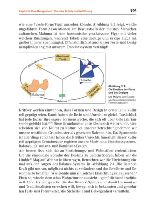 Kapitel 9: Cue-Management: Die hohe Schule der Verführung                     193


wie eine Takete-Form/Figur aussehen könnte. Abbildung 9.3 zeigt, welche
ungefähren Form-Assoziationen im Bewusstsein der meisten Menschen
auftauchen. Maluma ist eine harmonische geschlossene Figur mit vielen
weichen Rundungen, während Takete eine zackige und eckige Figur mit
großer innerer Spannung ist. Offensichtlich ist auch unser Form- und Desig-
nempfinden eng mit unserem Emotionssystem verknüpft.




                                                            Abbildung 9.3:
                                                            Die Emotion der Form
                                                            und des Designs
                                                            Mit Maluma und Takete
                                                            werden unterschiedliche
                                                            Formen assoziert

Kritiker werden einwenden, dass Formen und Design in erster Linie kultu-
rell geprägt seien. Damit haben sie Recht und Unrecht zu gleich. Tatsächlich
hat jede Kultur ihre eigene Formensprache, die sich oft über viele Jahrtau-
sende gebildet hat.(2.19) Diese Grundmuster entwickeln sich weiter und unter-
scheiden sich von Kultur zu Kultur. Bei unserer Betrachtung nehmen wir
unsere westlichen Grundmuster als gesetzten Rahmen hin. Das Spannende
ist allerdings (und hier haben die Kritiker Unrecht): Innerhalb dieser kultu-
rell geprägten Grundmuster regieren unsere Motiv- und Emotionssysteme.
Balance-, Stimulanz- und Dominanz-Design.
Am besten lässt sich das an Einrichtungs- und Wohnstilen verdeutlichen.
Um die emotionale Sprache des Designs zu demonstrieren, haben wir die
Limbic® Map auf Wohnstile übertragen. Betrachten wir die Einrichtung ein-
mal aus den Augen des Balance-Systems in Abbildung 9.4. Die Balance-
Kraft gibt uns vor, möglichst nichts zu verändern und das Bewährte und Ge-
wohnte zu behalten. Wie könnte nun ein solcher Einrichtungsstil aussehen?
Eben so, wie ein deutsches Wohnzimmer aussieht – gemütlich und traditio-
nell. Eine Formensprache, die das Balance-System und damit Harmoniser
und Traditionalisten erreichen will, bewegt sich in bekannten und gewohn-
ten Farb- und Formwelten, die Sicherheit und Geborgenheit vermitteln.
 