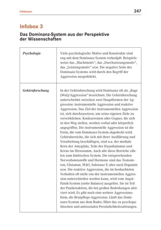Infoboxen                                                            247


Infobox 3
Das Dominanz-System aus der Perspektive
der Wissenschaften

  Psychologie       Viele psychologische Motive und Konstrukte sind
                    eng mit dem Dominanz-System verknüpft. Beispiels-
                    weise das „Machtmotiv“, das „Durchsetzungsmotiv“,
                    das „Leistungsmotiv“ usw. Die negative Seite des
                    Dominanz-Systems wird durch den Begriff der
                    Aggression ausgedrückt.


  Gehirnforschung   In der Gehirnforschung wird Dominanz oft als „Rage
                    (Wut)/Aggression“ bezeichnet. Die Gehirnforschung
                    unterscheidet zwischen zwei Hauptformen der Ag-
                    gression: instrumentelle Aggression und reaktive
                    Aggression. Das Ziel der instrumentellen Aggression
                    ist, sich durchzusetzen, um seine eigenen Ziele zu
                    verwirklichen. Konkurrenten oder Gegner, die sich
                    in den Weg stellen, werden verbal oder körperlich
                    angegriffen. Die instrumentelle Aggression ist die
                    Form, die vom Dominanz-System abgedeckt wird.
                    Gehirnbereiche, die sich mit ihrer Ausführung und
                    Verarbeitung beschäftigen, sind u.a. der mediale
                    Kern der Amygdala, Teile des Hypothalamus und
                    Kerne im Hirnstamm. Auch alle diese Bereiche zäh-
                    len zum limbischen System. Die entsprechenden
                    Nervenbotenstoffe und Hormone sind das Testoste-
                    ron, Glutamat, MAO, Substanz P, aber auch Dopamin
                    usw. Die reaktive Aggression, die im beobachteten
                    Verhalten oft nicht von der instrumentellen Aggres-
                    sion unterschieden werden kann, wird vom Angst-
                    Panik-System (siehe Balance) ausgelöst. Sie ist Teil
                    der Panikreaktion, die bei großen Bedrohungen akti-
                    viert wird. Es gibt noch eine weitere Aggressions-
                    form, die Brutpflege-Aggression. Läuft das Domi-
                    nanz-System aus dem Ruder, führt das zu psychopa-
                    thischen und antisozialen Persönlichkeitsstörungen.
 