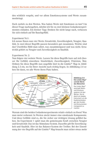 Kapitel 2: Was Kunden wirklich wollen! Die wahren Kaufmotive im Gehirn                45


den wirklich vorgeht, und vor allem Emotionssysteme und Werte zusam-
menbringt.

Doch zurück zu den Werten. Was haben Werte mit Emotionen zu tun? Um
dieser Frage nachzugehen, möchte ich Sie zu zwei kleinen Gedankenexperi-
menten einladen. Ein kleiner Tipp: Denken Sie nicht lange nach, verlassen
Sie sich einfach auf Ihr Bauchgefühl.

Experiment Nr.1:
Ich nenne Ihnen nun vier Werte: Kreativität, Zuverlässigkeit, Neugier, Qua-
lität. Je zwei dieser Begriffe passen besonders gut zusammen. Welche sind
das? Zweifellos fühlt man sofort, was zusammenpasst und was nicht. Krea-
tivität gehört zu Neugier und Zuverlässigkeit zu Qualität.

Experiment Nr. 2:
Nun folgen vier weitere Werte. Lassen Sie diese Begriffe kurz auf sich (bes-
ser Ihr Gefühl) einwirken: Sinnlichkeit, Zuverlässigkeit, Präzision, Mut.
Ordnen Sie diese Begriffe nun ungefähr dort in die Limbic® Map in Abbil-
dung 2.3 ein, wo Sie Ihrer Ansicht nach richtig liegen. In Abbildung 2.4 se-
hen Sie dann, wo alle Werte ihren Platz haben.


                                                                         Abbildung 2.4:
                                                                         Die Limbic Map®
                                                                         und die Werte
                                                                         des Menschen
                                                                         Die Limbic Map®
                                                                         verknüpft Motiv-
                                                                         und Emotions-
                                                                         systeme mit den
                                                                         Werten. Sie ist
                                                                         damit ein ideales
                                                                         Instrument um die
                                                                         Kaufentscheidun-
                                                                         gen des Kunden
                                                                         und Konsumenten
                                                                         transparent zu
                                                                         machen

Warum sind die beiden Gedankenexperimente relativ einfach zu lösen? Was
man meist verkennt: In Werten steckt immer eine emotionale Komponente.
Und diese Gefühle sind es, die Sie sicher zur richtigen Lösung geführt ha-
ben. Im Experiment 1 spürt man die gemeinsame Kraft zwischen Neugier
und Kreativität: Das ist das Stimulanz-System. Dasselbe gilt für Zuverlässig-
keit und Qualität. Hier ist das Balance-System der Treiber. Bei der Einord-
nung der vier Begriffe auf der Limbic® Map braucht man sicher etwas mehr
 