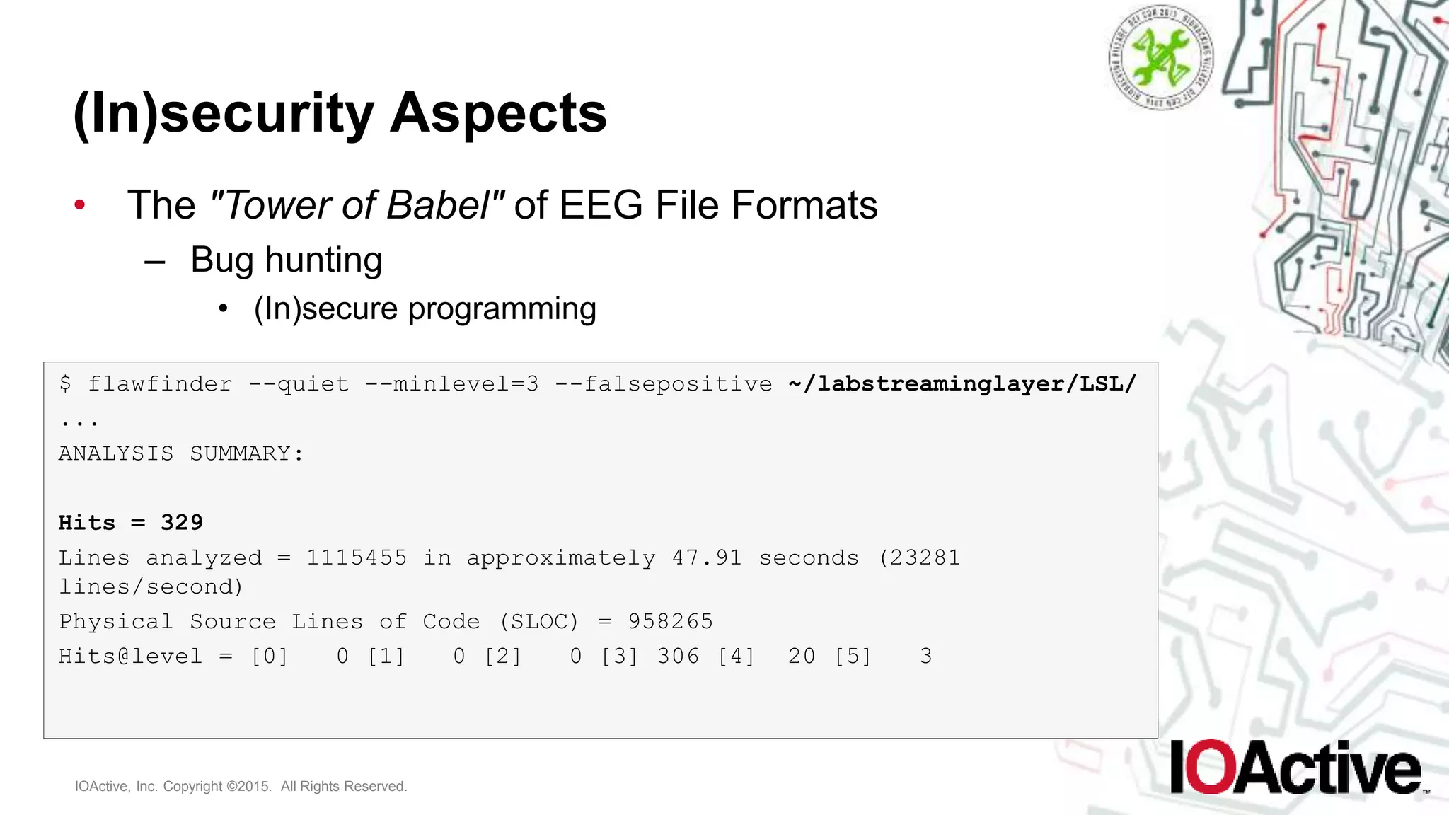 IOActive, Inc. Copyright ©2015. All Rights Reserved.
(In)security Aspects
• The "Tower of Babel" of EEG File Formats
– Bug hunting
• (In)secure programming
$ flawfinder --quiet --minlevel=3 --falsepositive ~/labstreaminglayer/LSL/
...
ANALYSIS SUMMARY:
Hits = 329
Lines analyzed = 1115455 in approximately 47.91 seconds (23281
lines/second)
Physical Source Lines of Code (SLOC) = 958265
Hits@level = [0] 0 [1] 0 [2] 0 [3] 306 [4] 20 [5] 3
 
