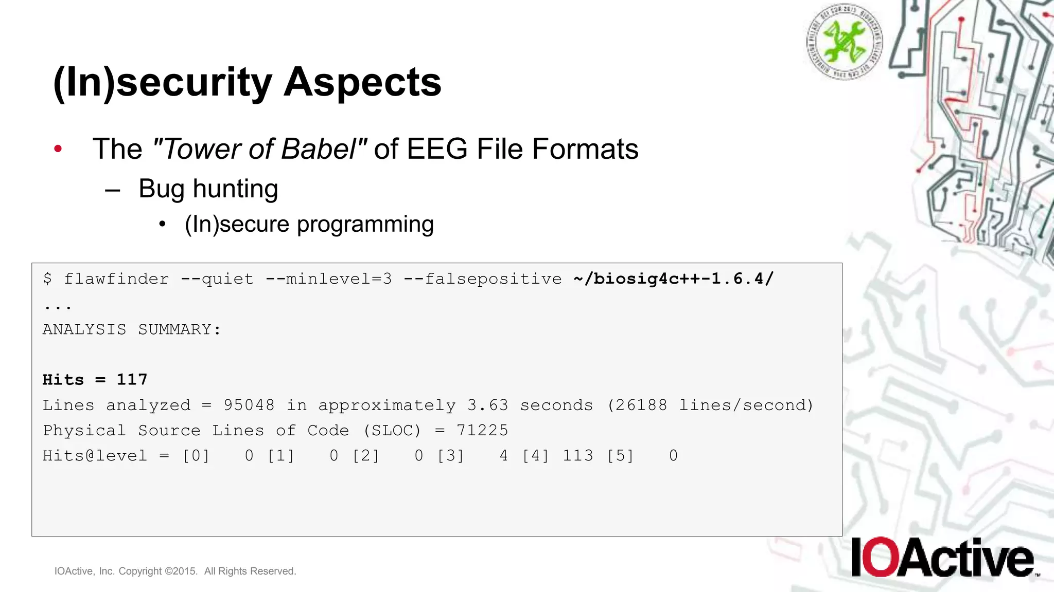 IOActive, Inc. Copyright ©2015. All Rights Reserved.
(In)security Aspects
• The "Tower of Babel" of EEG File Formats
– Bug hunting
• (In)secure programming
$ flawfinder --quiet --minlevel=3 --falsepositive ~/biosig4c++-1.6.4/
...
ANALYSIS SUMMARY:
Hits = 117
Lines analyzed = 95048 in approximately 3.63 seconds (26188 lines/second)
Physical Source Lines of Code (SLOC) = 71225
Hits@level = [0] 0 [1] 0 [2] 0 [3] 4 [4] 113 [5] 0
 