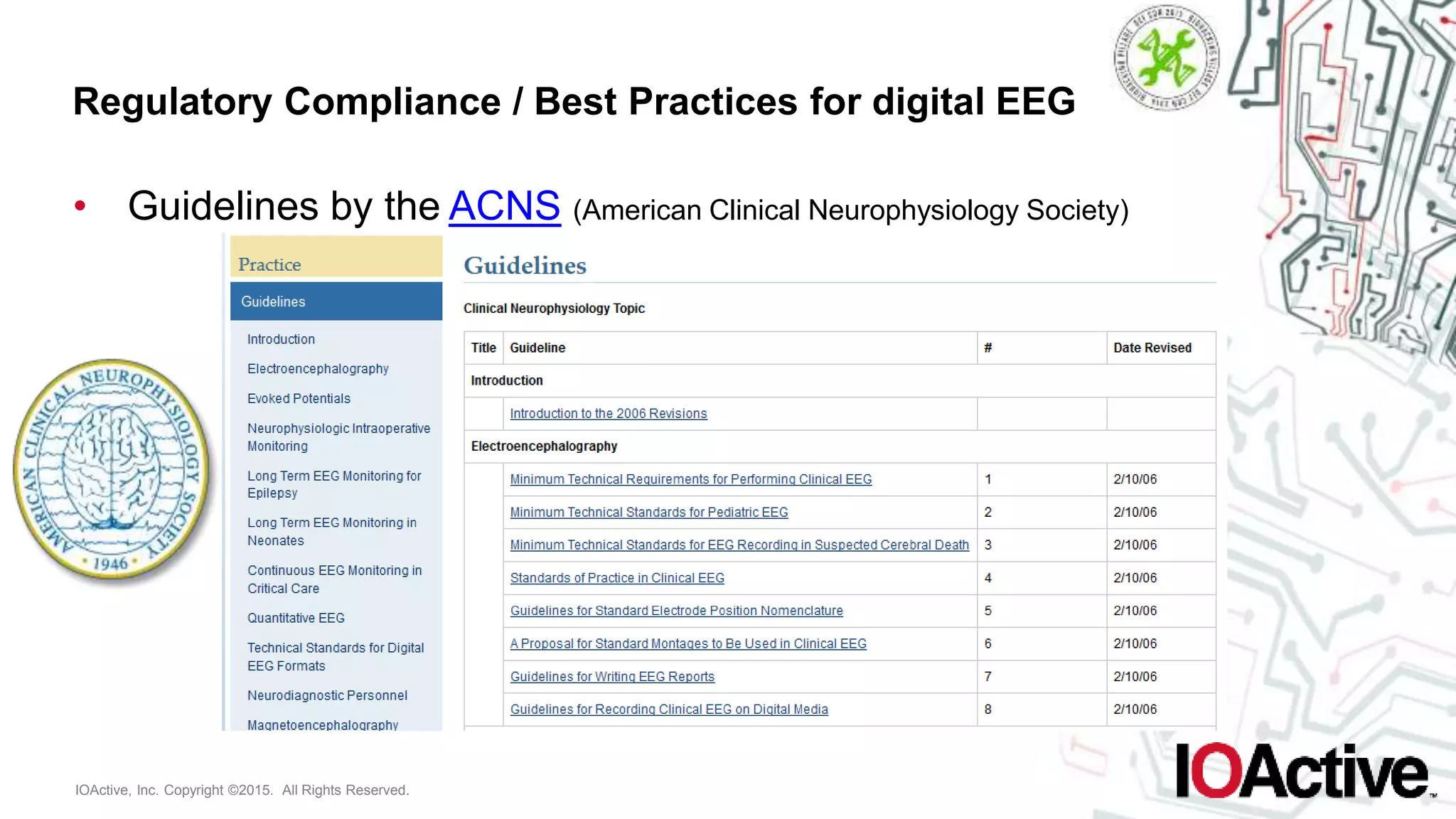 IOActive, Inc. Copyright ©2015. All Rights Reserved.
Regulatory Compliance / Best Practices for digital EEG
• Guidelines by the ACNS (American Clinical Neurophysiology Society)
 
