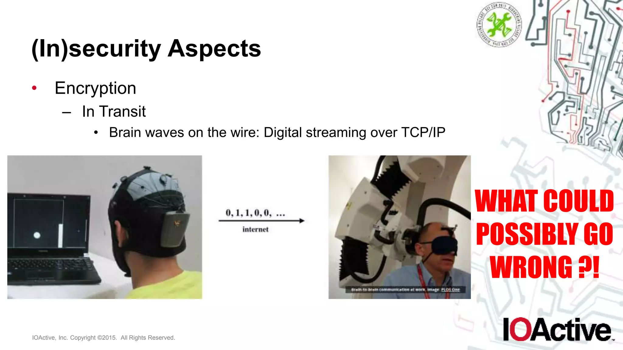 IOActive, Inc. Copyright ©2015. All Rights Reserved.
(In)security Aspects
• Encryption
– In Transit
• Brain waves on the wire: Digital streaming over TCP/IP
WHAT COULD
POSSIBLY GO
WRONG ?!
 