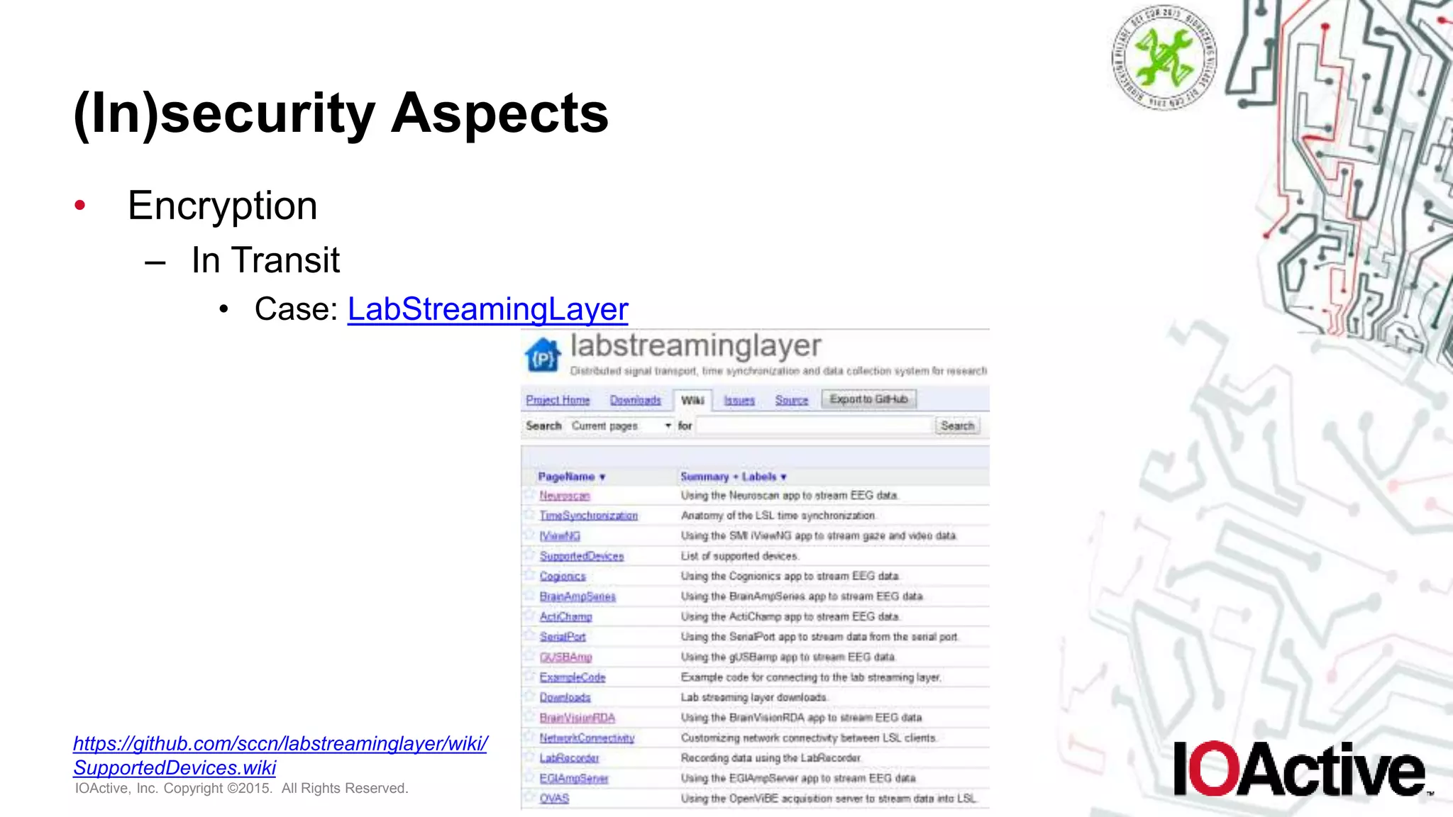 IOActive, Inc. Copyright ©2015. All Rights Reserved.
(In)security Aspects
• Encryption
– In Transit
• Case: LabStreamingLayer
https://github.com/sccn/labstreaminglayer/wiki/
SupportedDevices.wiki
 