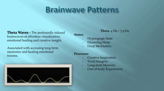 Theta: 4 Hz – 7.5 Hz
Theta Waves - The profoundly relaxed
                                          States:
brainwaves of effortless visualization,
                                                   Hypnogogic State
emotional healing and creative insight.
                                                   Dreaming Sleep
                                                   Deep Meditation
Associated with accessing long term
memories and healing emotional
                                          Processes:
trauma.
                                                  Creative Inspiration
                                                  Vivid Imagery
                                                  Long-term Memory
                                                  Out-of-body Experiences
 