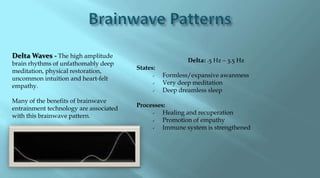 Delta Waves - The high amplitude
                                                          Delta: .5 Hz – 3.5 Hz
brain rhythms of unfathomably deep
                                        States:
meditation, physical restoration,
                                                 Formless/expansive awareness
uncommon intuition and heart-felt
                                                 Very deep meditation
empathy.
                                                 Deep dreamless sleep
Many of the benefits of brainwave
                                        Processes:
entrainment technology are associated
                                                Healing and recuperation
with this brainwave pattern.
                                                Promotion of empathy
                                                Immune system is strengthened
 