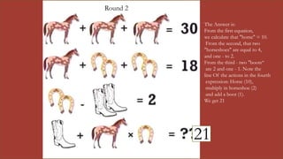 jdsu
Round 2
2211
The Answer is:
From the first equation,
we calculate that "horse" = 10.
From the second, that two
"horseshoes" are equal to 4,
and one - to 2.
From the third - two "boots“
are 2 and one - 1. Note the
line Of the actions in the fourth
expression: Horse (10),
multiply in horseshoe (2)
and add a boot (1).
We get 21
21
 