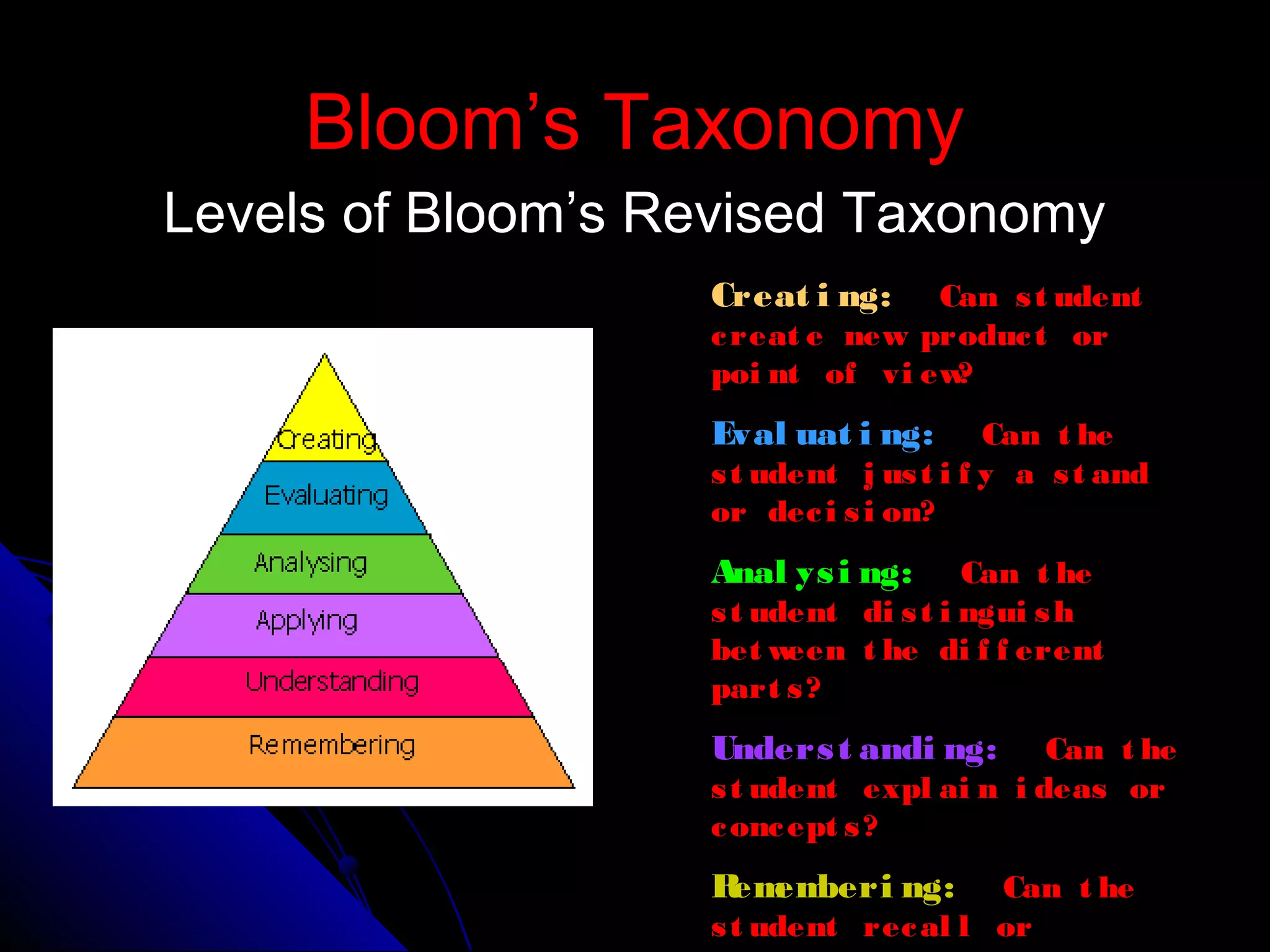 Bloom’s TaxonomyBloom’s Taxonomy
Levels of Bloom’s Revised TaxonomyLevels of Bloom’s Revised Taxonomy
Creat i ng: Can st udent
creat e new product or
poi nt of vi ew?
Eval uat i ng: Can t he
st udent j ust i f y a st and
or deci si on?
Anal ysi ng: Can t he
st udent di st i ngui sh
bet ween t he di f f erent
part s?
Underst andi ng: Can t he
st udent expl ai n i deas or
concept s?
Rememberi ng: Can t he
st udent recal l or
 