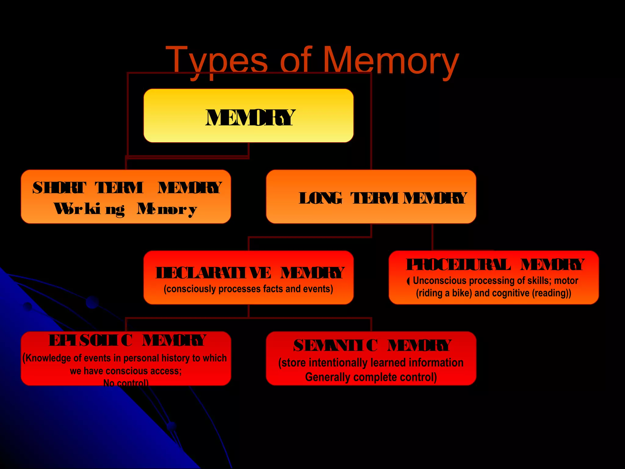 Types of MemoryTypes of Memory
MEMORY
SHORT TERM MEMORY
Worki ng Memory
LONG TERM MEMORY
DECLARATIVE MEMORY
(consciously processes facts and events)
EPISODIC MEMORY
(Knowledge of events in personal history to which
we have conscious access;
No control)
SEMANTIC MEMORY
(store intentionally learned information
Generally complete control)
PROCEDURAL MEMORY
( Unconscious processing of skills; motor
(riding a bike) and cognitive (reading))
 