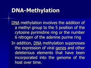 DNA-Methylation

DNA methylation involves the addition of
  a methyl group to the 5 position of the
  cytosine pyrimidine ring or the number
  6 nitrogen of the adenine purine ring
In addition, DNA methylation suppresses
  the expression of viral genes and other
  deleterious elements that have been
  incorporated into the genome of the
  host over time.
 