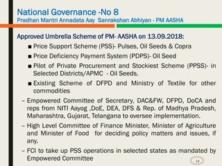 National Governance -No 8
Pradhan Mantri Annadata Aay Sanrakshan Abhiyan - PM AASHA
Approved Umbrella Scheme of PM- AASHA on 13.09.2018:
■ Price Support Scheme (PSS)- Pulses, Oil Seeds & Copra
■ Price Deficiency Payment System (PDPS)- Oil Seed
■ Pilot of Private Procurement and Stockiest Scheme (PPSS)- in
Selected Districts/APMC - Oil Seeds.
■ Existing Scheme of DFPD and Ministry of Textile for other
commodities
– Empowered Committee of Secretary, DAC&FW, DFPD, DoCA and
reps from NITI Aayog ,DoE, DEA, DFS & Rep. of Madhya Pradesh,
Maharashtra, Gujarat, Telangana to oversee implementation.
– High Level Committee of Finance Minister, Minister of Agriculture
and Minister of Food for deciding policy matters and issues, if
any.
– FCI to take up PSS operations in selected states as mandated by
Empowered Committee 19
 