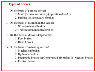Types of brakes
I. On the basis of purpose served
1. Main (Service or primary) operational brakes
2. Parking (or secondary ) brakes
II. On the basis of location in the vehicle
1. Wheel mounted brakes
2. Transmission mounted brakes
III. On the basis of driver’s Ergonomics
1. Foot brakes
2. Hand brakes
IV. On the basis of Actuating method
1. Mechanical brakes
2. Hydraulic brakes
3. Pneumatic brakes (a) Compressed air brakes (b) vacuum brakes
4. Electric brakes
 