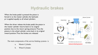 Hydraulic brakes
The main components of the service braking systems is
a. Master Cylinder.
b. Wheel Cylinder.
When the brake pedal is pressed the piston is
forced in to the master cylinder, the hydraulic
pr is applied equally to all wheel cylinders
When the driver release the brake pedal, the piston in
the master cylinder returns back to its original
position due to the return spring pressure.Thus the
pistons in the wheel cylinder come back in its original
inward position.Thus the brakes are released
 