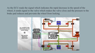 As the ECU reads the signal which indicates the rapid decrease in the speed of the
wheel, it sends signal to the valve which makes the valve close and the pressure to the
brake pad reduces and prevents the wheel from locking.
 
