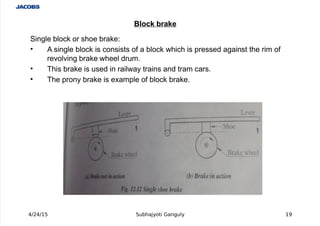  
Single bloc# or shoe bra#e:
'  A single bloc# is consists of a bloc# which is pressed against the rim of
revolving bra#e wheel drum.
' This bra#e is used in railway trains and tram cars.
' The prony bra#e is e%ample of bloc# bra#e.
4/24/15 Subhajyoti Ganguly 1*
Block $rake
 