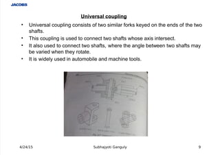  
' )niversal coupling consists of two similar for#s #eyed on the ends of the two
shafts.
' This coupling is used to connect two shafts whose a%is intersect.
' It also used to connect two shafts, where the angle between two shafts may
be varied when they rotate.
' It is widely used in automobile and machine tools.
4/24/15 Subhajyoti Ganguly *
Universal coupling
 