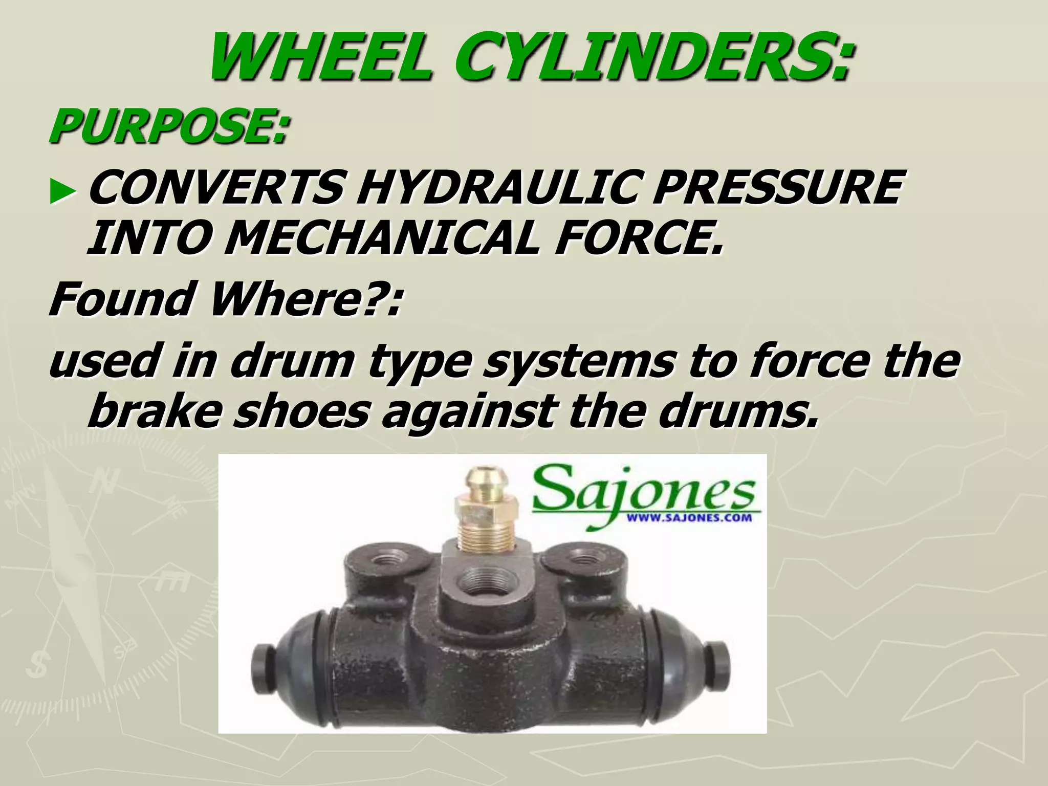 WHEEL CYLINDERS:
PURPOSE:
►CONVERTS HYDRAULIC PRESSURE
INTO MECHANICAL FORCE.
Found Where?:
used in drum type systems to force the
brake shoes against the drums.
 