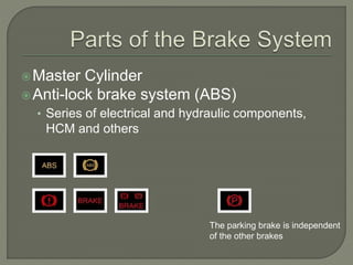 Master Cylinder
Anti-lock brake system (ABS)
• Series of electrical and hydraulic components,
HCM and others
The parking brake is independent
of the other brakes
 