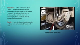 Important :- After isolation of Auto
Brake - parking brake will be take
place then parking brake will be release
manually by puling release wire of
brake cylinder after it insure to
releasing by hand positively through
brake calliper manually.
Result :- Auto brake and parking brake
will not work further only EP brake will
work.
Parking brake release wire
 