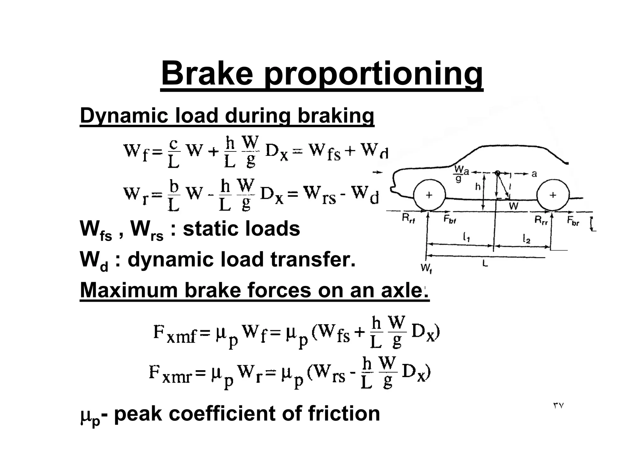 Brake proportioning
Dynamic load during braking
W , W : static loadsWfs , Wrs : static loads
Wd : dynamic load transfer.
Maximum brake forces on an axle:
mp- peak coefficient of friction ٣٧
 