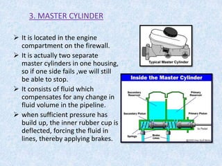 3. MASTER CYLINDER
 It is located in the engine
compartment on the firewall.
 It is actually two separate
master cylinders in one housing,
so if one side fails ,we will still
be able to stop.
 It consists of fluid which
compensates for any change in
fluid volume in the pipeline.
 when sufficient pressure has
build up, the inner rubber cup is
deflected, forcing the fluid in
lines, thereby applying brakes.
 