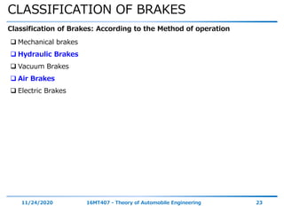 CLASSIFICATION OF BRAKES
11/24/2020 16MT407 - Theory of Automobile Engineering 23
Classification of Brakes: According to the Method of operation
 Mechanical brakes
 Hydraulic Brakes
 Vacuum Brakes
 Air Brakes
 Electric Brakes
 