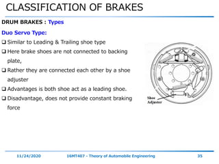 CLASSIFICATION OF BRAKES
11/24/2020 16MT407 - Theory of Automobile Engineering 35
DRUM BRAKES : Types
Duo Servo Type:
 Similar to Leading & Trailing shoe type
 Here brake shoes are not connected to backing
plate,
 Rather they are connected each other by a shoe
adjuster
 Advantages is both shoe act as a leading shoe.
 Disadvantage, does not provide constant braking
force
 