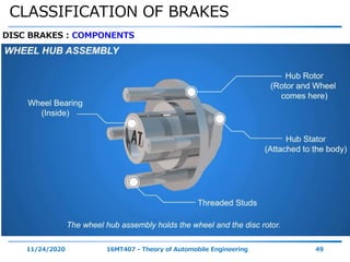 CLASSIFICATION OF BRAKES
11/24/2020 16MT407 - Theory of Automobile Engineering 49
DISC BRAKES : COMPONENTS
 