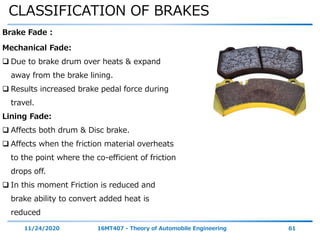 CLASSIFICATION OF BRAKES
11/24/2020 16MT407 - Theory of Automobile Engineering 61
Brake Fade :
Mechanical Fade:
 Due to brake drum over heats & expand
away from the brake lining.
 Results increased brake pedal force during
travel.
Lining Fade:
 Affects both drum & Disc brake.
 Affects when the friction material overheats
to the point where the co-efficient of friction
drops off.
 In this moment Friction is reduced and
brake ability to convert added heat is
reduced
 