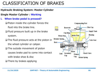 CLASSIFICATION OF BRAKES
11/24/2020 16MT407 - Theory of Automobile Engineering 66
Hydraulic Braking System: Master Cylinder
Single Master Cylinder : Working
i. When brake pedal is pressed?
 Piston inside the cylinder forces the
fluid into the brake line.
 Fluid pressure built up in the brake
system.
 The fluid pressure acts at the piston in
the wheel cylinder or caliper.
 The outside movement of piston
causes brake pad to come into contact
with brake shoe & disc
 There by brakes applying
 