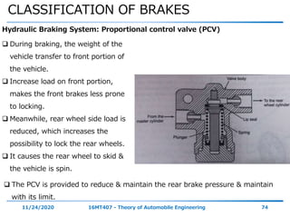CLASSIFICATION OF BRAKES
11/24/2020 16MT407 - Theory of Automobile Engineering 74
Hydraulic Braking System: Proportional control valve (PCV)
 During braking, the weight of the
vehicle transfer to front portion of
the vehicle.
 Increase load on front portion,
makes the front brakes less prone
to locking.
 Meanwhile, rear wheel side load is
reduced, which increases the
possibility to lock the rear wheels.
 It causes the rear wheel to skid &
the vehicle is spin.
 The PCV is provided to reduce & maintain the rear brake pressure & maintain
with its limit.
 