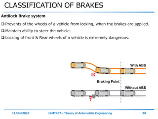 CLASSIFICATION OF BRAKES
11/24/2020 16MT407 - Theory of Automobile Engineering 88
Antilock Brake system
 Prevents of the wheels of a vehicle from locking, when the brakes are applied.
 Maintain ability to steer the vehicle.
 Locking of front & Rear wheels of a vehicle is extremely dangerous.
 