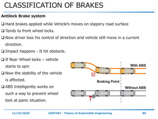 CLASSIFICATION OF BRAKES
11/24/2020 16MT407 - Theory of Automobile Engineering 89
Antilock Brake system
 Hard brakes applied while Vehicle’s moves on slippery road surface
 Tends to front wheel locks.
 Now driver loss his control of direction and vehicle still move in a current
direction.
 Impact happens - It hit obstacle.
 If Rear Wheel locks – vehicle
starts to spin
 Now the stability of the vehicle
is affected.
 ABS Intelligently works on
such a way to prevent wheel
lock at panic situation.
 