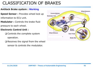 CLASSIFICATION OF BRAKES
11/24/2020 16MT407 - Theory of Automobile Engineering 91
Antilock Brake system : Working
Speed Sensor : Provides wheel lock up
information to ECU unit.
Modulator : Controls the brake fluid
pressure to each wheel.
Electronic Control Unit :
 Controls the complete system
operation.
 Receives the signal from the wheel
sensor & controls the modulator.
 