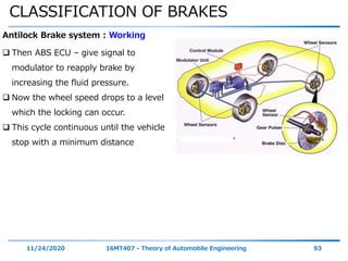 CLASSIFICATION OF BRAKES
11/24/2020 16MT407 - Theory of Automobile Engineering 93
Antilock Brake system : Working
 Then ABS ECU – give signal to
modulator to reapply brake by
increasing the fluid pressure.
 Now the wheel speed drops to a level
which the locking can occur.
 This cycle continuous until the vehicle
stop with a minimum distance
 
