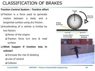 CLASSIFICATION OF BRAKES
11/24/2020 16MT407 - Theory of Automobile Engineering 94
Traction Control System : Tractive effort
 Traction is a force used to generate
motion between a body and a
tangential surface using dry friction.
 Accelerating of a vehicle is limited by
two factors
 Power of the engine
 Traction force b/n tyre & road
surface
 What happen if traction loss in
vehicle?
 Increase the risk of skidding
 Loss of control
 Collision
 