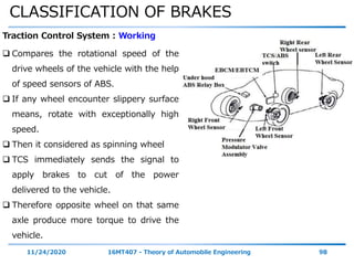 CLASSIFICATION OF BRAKES
11/24/2020 16MT407 - Theory of Automobile Engineering 98
Traction Control System : Working
 Compares the rotational speed of the
drive wheels of the vehicle with the help
of speed sensors of ABS.
 If any wheel encounter slippery surface
means, rotate with exceptionally high
speed.
 Then it considered as spinning wheel
 TCS immediately sends the signal to
apply brakes to cut of the power
delivered to the vehicle.
 Therefore opposite wheel on that same
axle produce more torque to drive the
vehicle.
 