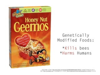 Genetically
Modified Foods:
*Kills bees
*Harms Humans

hoto Credit: <a href="http://www.flickr.com/photos/32399948@N06/8565738072/">andres musta</a> via <a
href="http://compfight.com">Compfight</a> <a href="http://creativecommons.org/licenses/by-nc-nd/2.0/">cc</a>

 