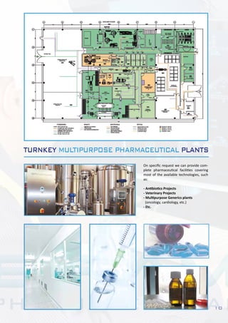 10
TURNKEY MULTIPURPOSE PHARMACEUTICAL PLANTS
On specific request we can provide com-
plete pharmaceutical facilities covering
most of the available technologies, such
as:
- Antibiotics Projects
- Veterinary Projects
- Multipurpose Generics plants
(oncology, cardiology, etc.)
- Etc.
 
