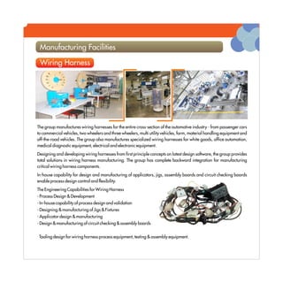 Manufacturing Facilities

 Wiring Harness




The group manufactures wiring harnesses for the entire cross-section of the automotive industry - from passenger cars
to commercial vehicles, two wheelers and three wheelers, multi utility vehicles, farm, material handling equipment and
off-the-road vehicles. The group also manufactures specialized wiring harnesses for white goods, office automation,
medical diagnostic equipment, electrical and electronic equipment.
Designing and developing wiring harnesses from first principle concepts on latest design software, the group provides
total solutions in wiring harness manufacturing. The group has complete backward integration for manufacturing
critical wiring harness components.
In-house capability for design and manufacturing of applicators, jigs, assembly boards and circuit checking boards
enable process design control and flexibility.
The Engineering Capabilities for Wiring Harness
- Process Design & Development
- In-house capability of process design and validation
- Designing & manufacturing of Jigs & Fixtures
- Applicator design & manufacturing
- Design & manufacturing of circuit checking & assembly boards


 Tooling design for wiring harness process equipment, testing & assembly equipment.
 