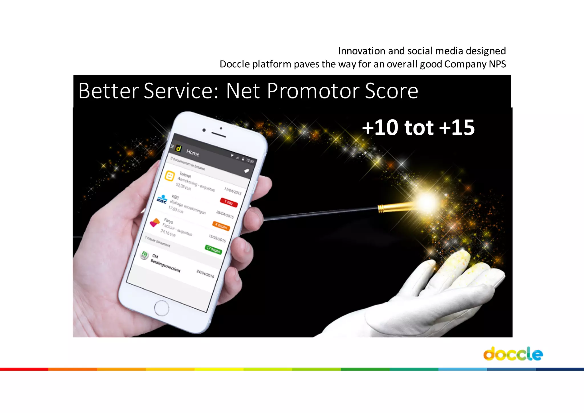 Better Service:	Net	Promotor	Score
Innovation and social media	designed
Doccle	platform	paves the way	for an overall	good Company	NPS
+10	tot	+15
 