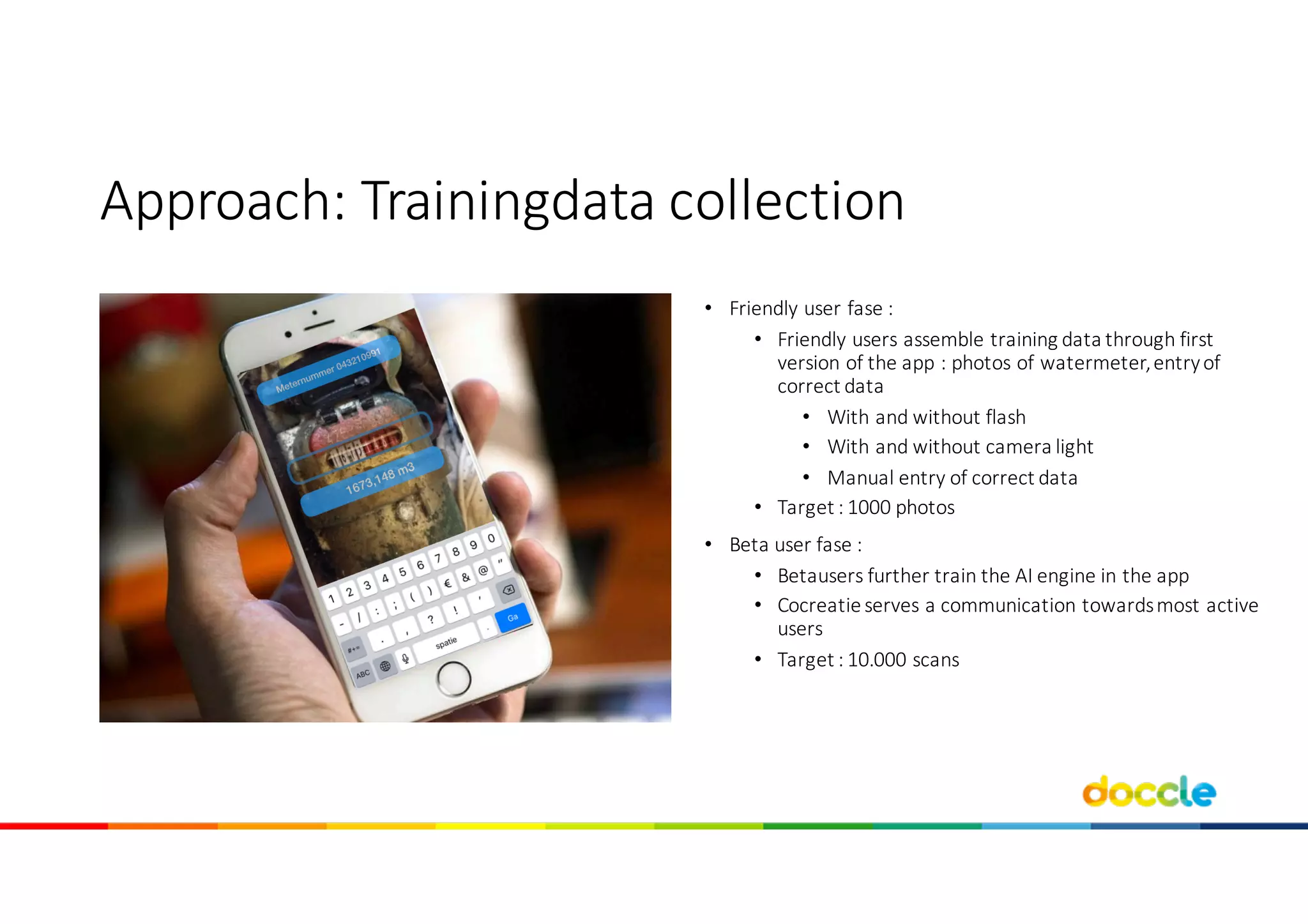 • Friendly user	fase	:	
• Friendly users	assemble training	data	through first	
version of	the app	:	photos of	watermeter,	entry	of	
correct	data
• With and without	flash
• With and without	camera	light
• Manual	entry	of	correct	data
• Target	:	1000	photos
• Beta user	fase	:
• Betausers further train	the AI	engine	in	the app
• Cocreatieserves	a	communication towardsmost	active
users
• Target	:	10.000	scans
Approach:	Trainingdata collection
 