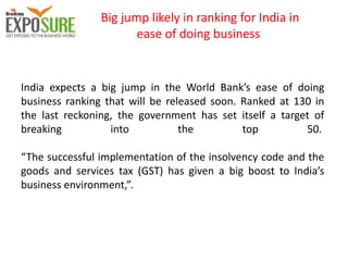 Big jump likely in ranking for India in
ease of doing business
India expects a big jump in the World Bank’s ease of doing
business ranking that will be released soon. Ranked at 130 in
the last reckoning, the government has set itself a target of
breaking into the top 50.
“The successful implementation of the insolvency code and the
goods and services tax (GST) has given a big boost to India’s
business environment,”.
 