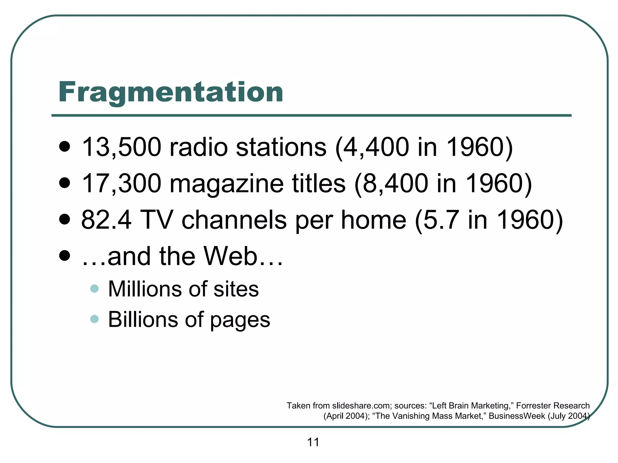 Fragmentation 13,500 radio stations (4,400 in 1960)  17,300 magazine titles (8,400 in 1960) 82.4 TV channels per home (5.7 in 1960)  … and the Web… Millions of sites  Billions of pages  Taken from slideshare.com; sources: “Left Brain Marketing,” Forrester Research (April 2004); “The Vanishing Mass Market,” BusinessWeek (July 2004) 