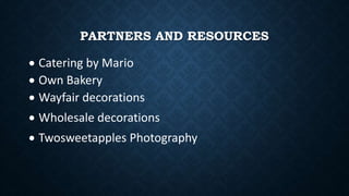 PARTNERS AND RESOURCES
 Catering by Mario
 Own Bakery
 Wayfair decorations
 Wholesale decorations
 Twosweetapples Pho...