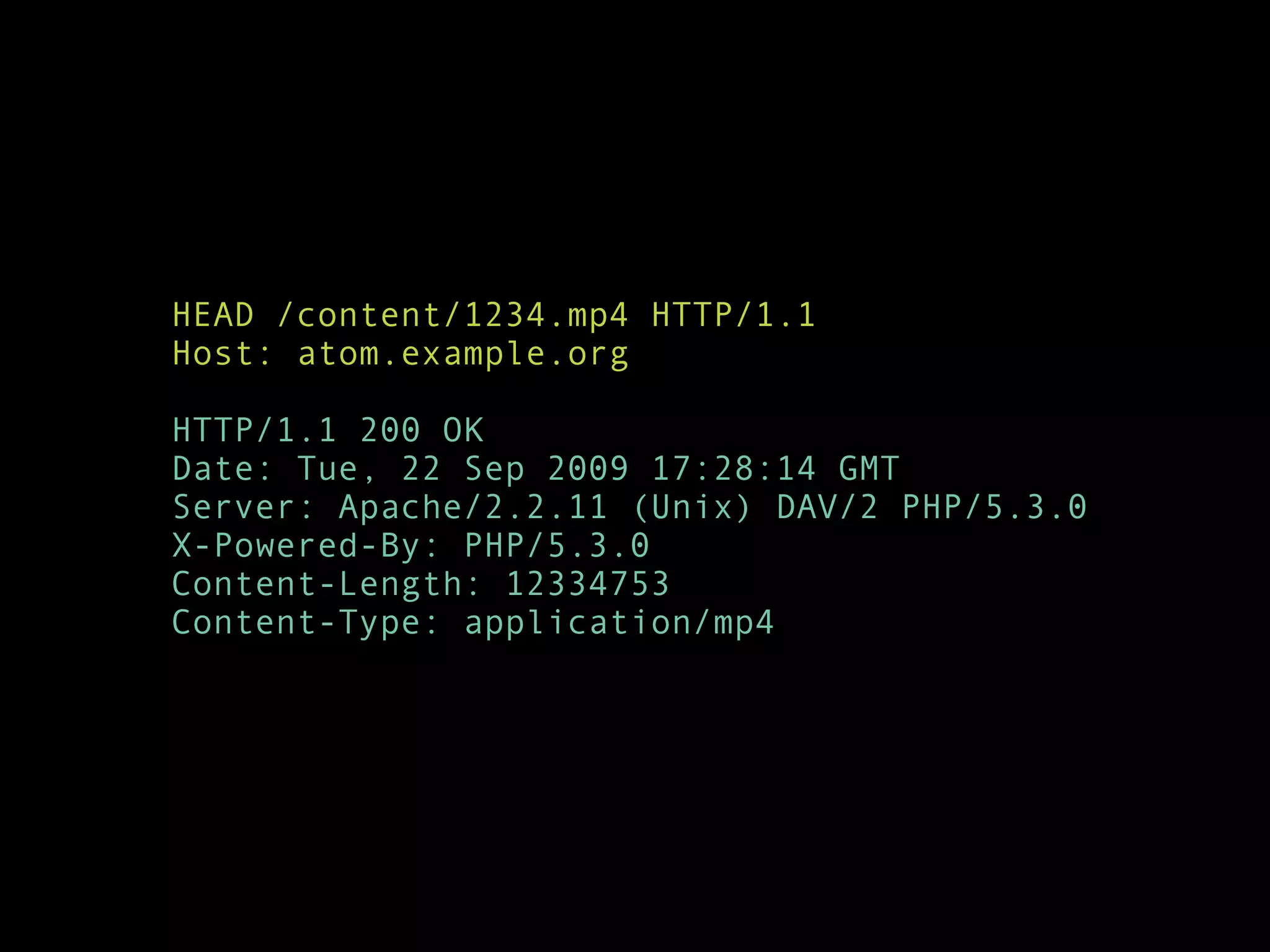 HEAD /content/1234.mp4 HTTP/1.1
Host: atom.example.org

HTTP/1.1 200 OK
Date: Tue, 22 Sep 2009 17:28:14 GMT
Server: Apache/2.2.11 (Unix) DAV/2 PHP/5.3.0
X-Powered-By: PHP/5.3.0
Content-Length: 12334753
Content-Type: application/mp4
 