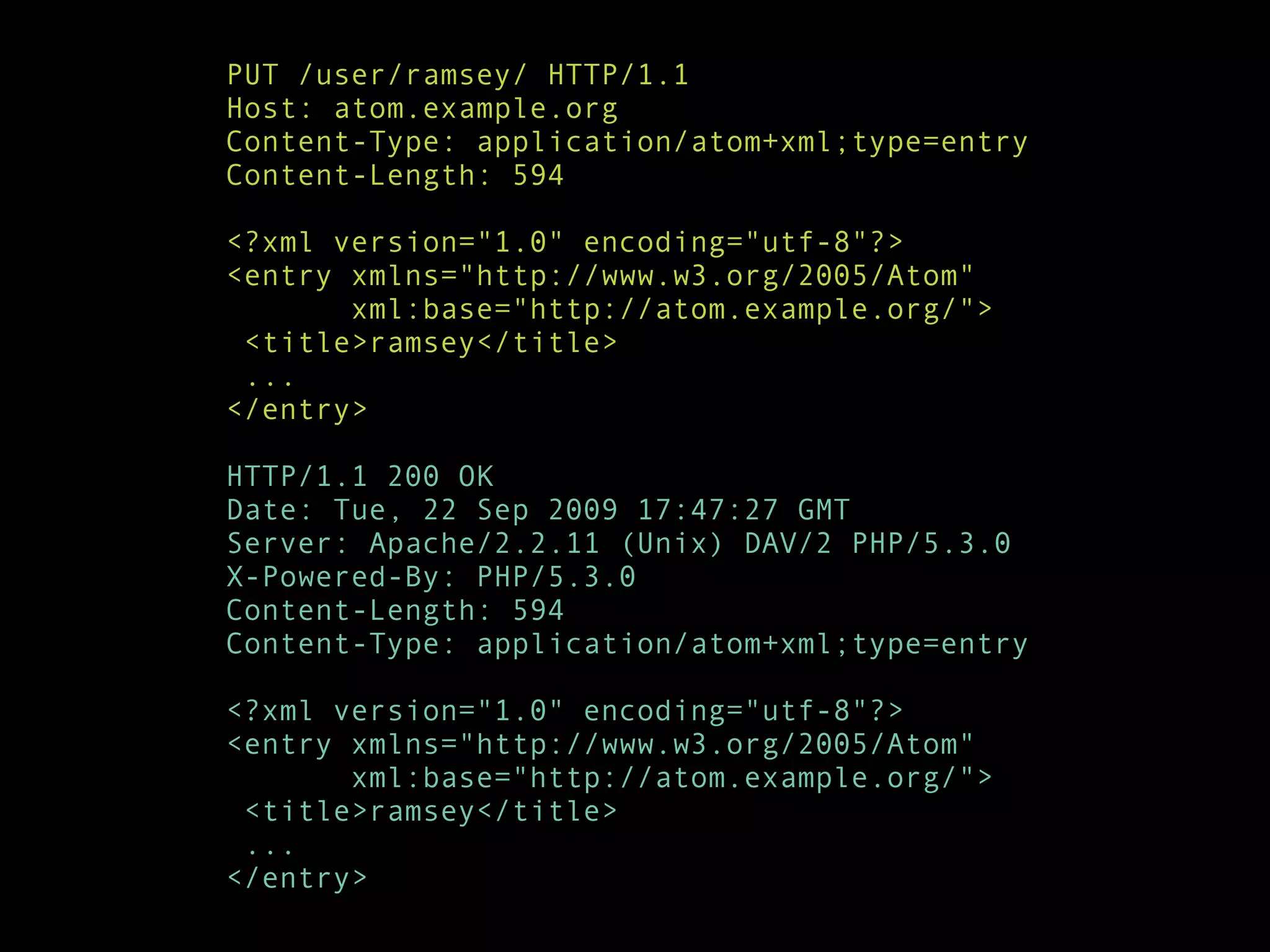 PUT /user/ramsey/ HTTP/1.1
Host: atom.example.org
Content-Type: application/atom+xml;type=entry
Content-Length: 594

<?xml version="1.0" encoding="utf-8"?>
<entry xmlns="http://www.w3.org/2005/Atom"
       xml:base="http://atom.example.org/">
 <title>ramsey</title>
 ...
</entry>

HTTP/1.1 200 OK
Date: Tue, 22 Sep 2009 17:47:27 GMT
Server: Apache/2.2.11 (Unix) DAV/2 PHP/5.3.0
X-Powered-By: PHP/5.3.0
Content-Length: 594
Content-Type: application/atom+xml;type=entry

<?xml version="1.0" encoding="utf-8"?>
<entry xmlns="http://www.w3.org/2005/Atom"
       xml:base="http://atom.example.org/">
 <title>ramsey</title>
 ...
</entry>
 