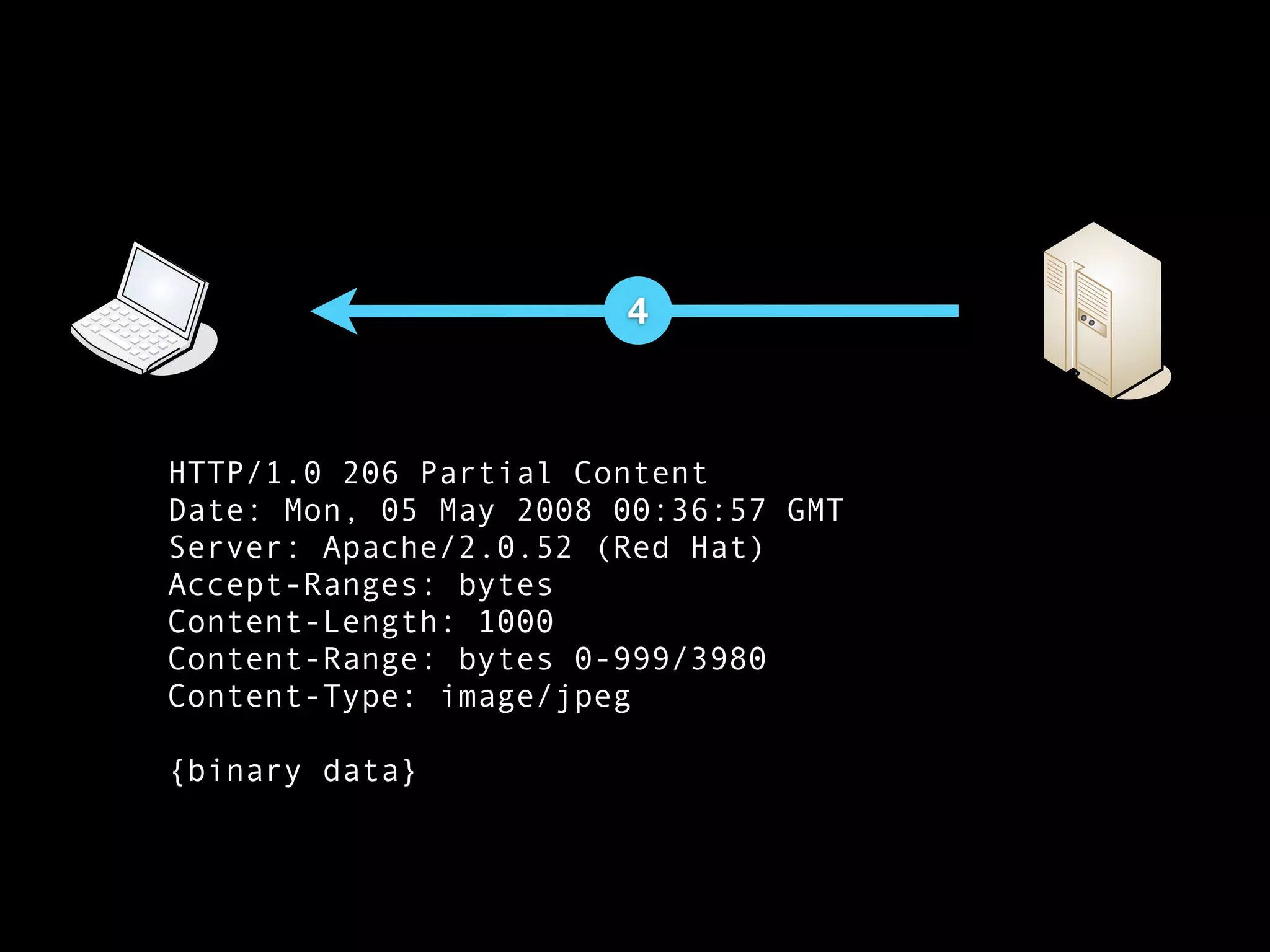 4



HTTP/1.0 206 Partial Content
Date: Mon, 05 May 2008 00:36:57 GMT
Server: Apache/2.0.52 (Red Hat)
Accept-Ranges: bytes
Content-Length: 1000
Content-Range: bytes 0-999/3980
Content-Type: image/jpeg

{binary data}
 