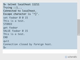 $> telnet localhost 11211
Trying ::1...
Connected to localhost.
Escape character is '^]'.
set foobar 0 0 15
This is a test.
STORED
get foobar
VALUE foobar 0 15
This is a test.                      17
END
quit
Connection closed by foreign host.
$>
 
